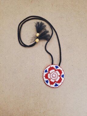 Native American Indian Beadwork Handmade Red & White Beaded Leather Necklace -